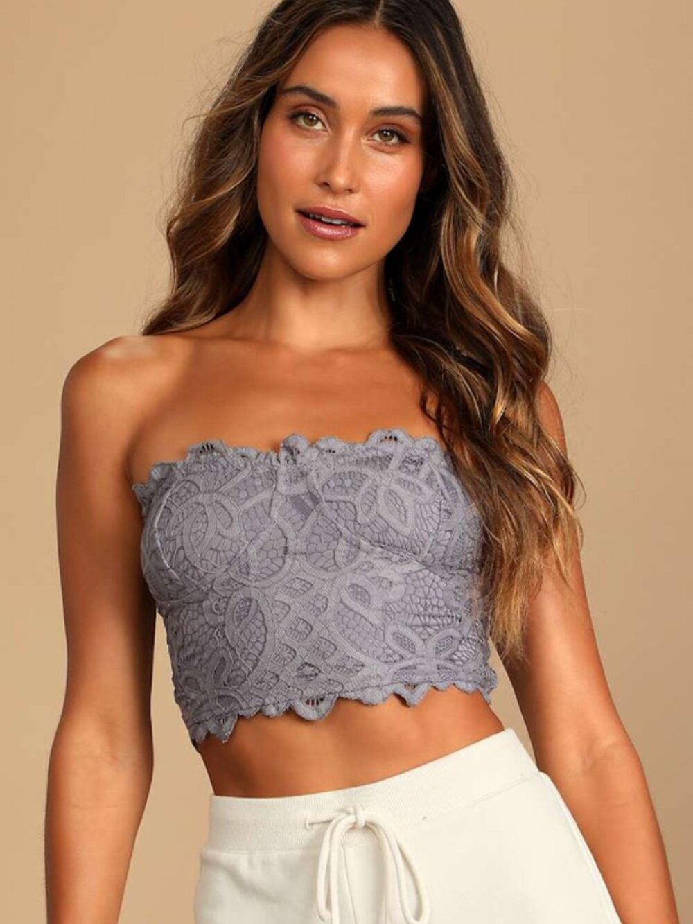 Free People Adella Strapless Corset Bralette Smocked Slate Grey Lace Tube Top S